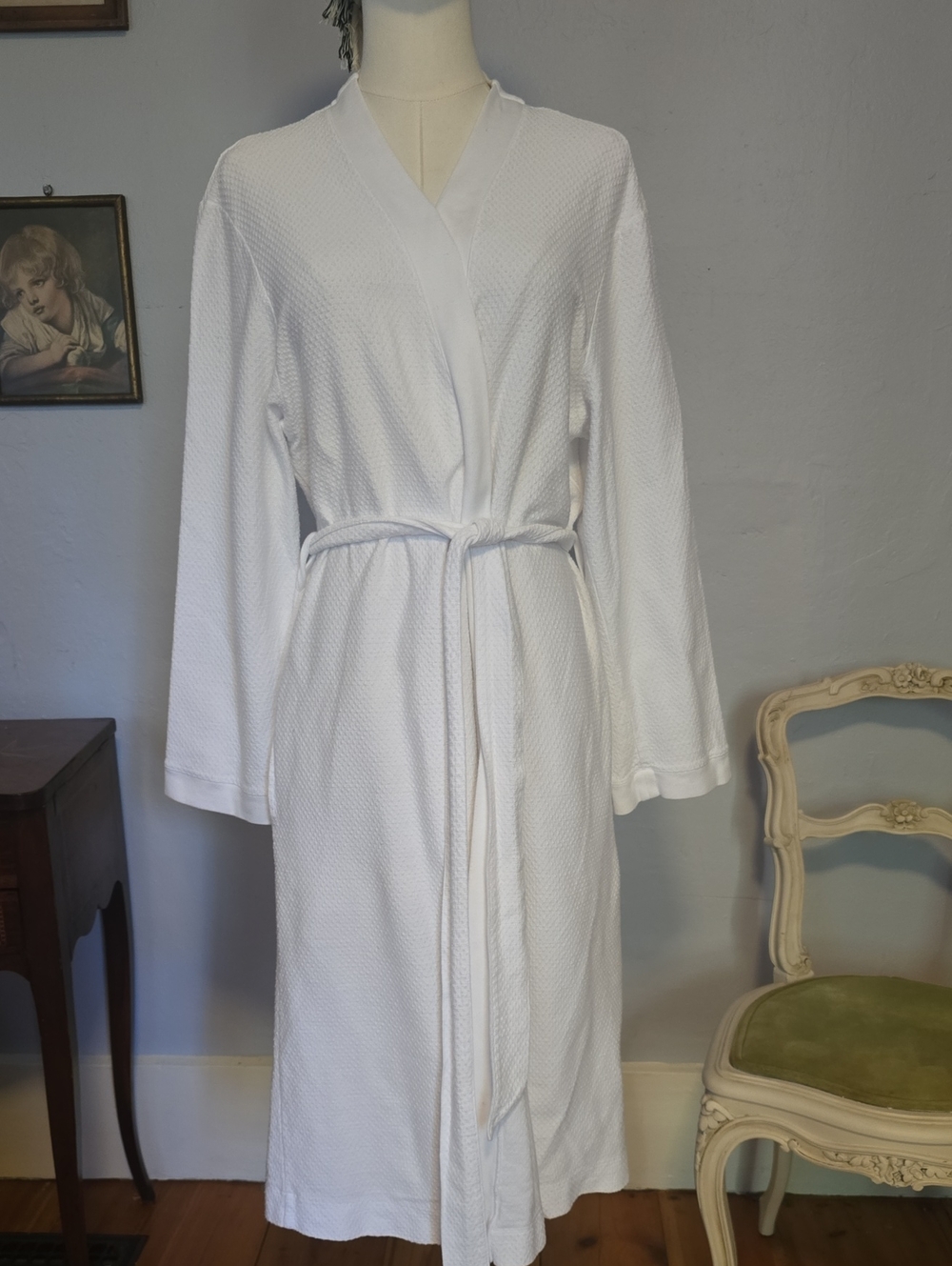 Hanro White Waffle Kimono Robe with Tie Belt M